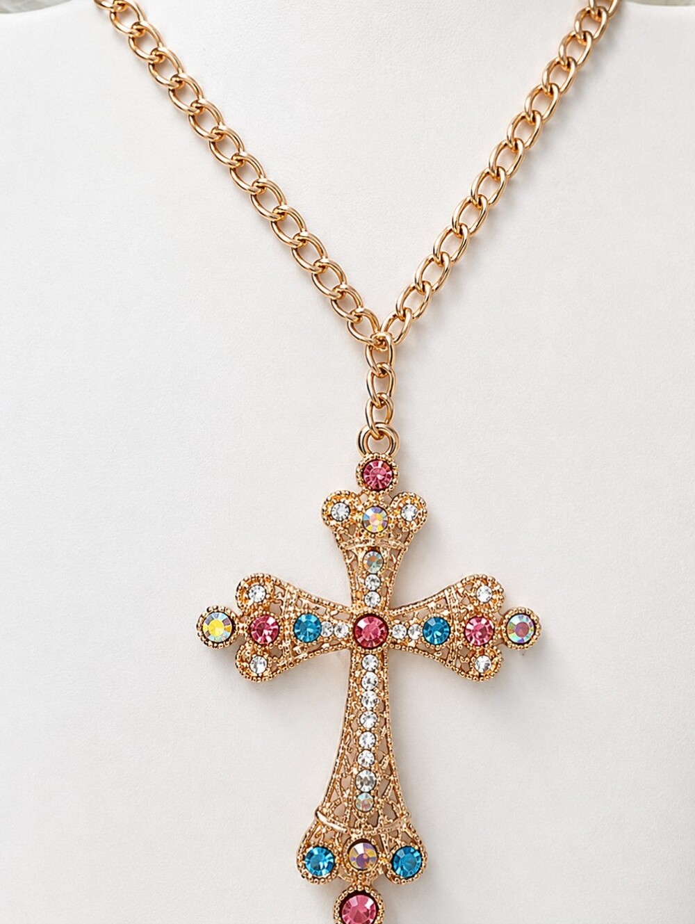 Betsy Johnson Colorful Cross Pendant W/ Rose Gold Necklace Diva Goth Size 18"